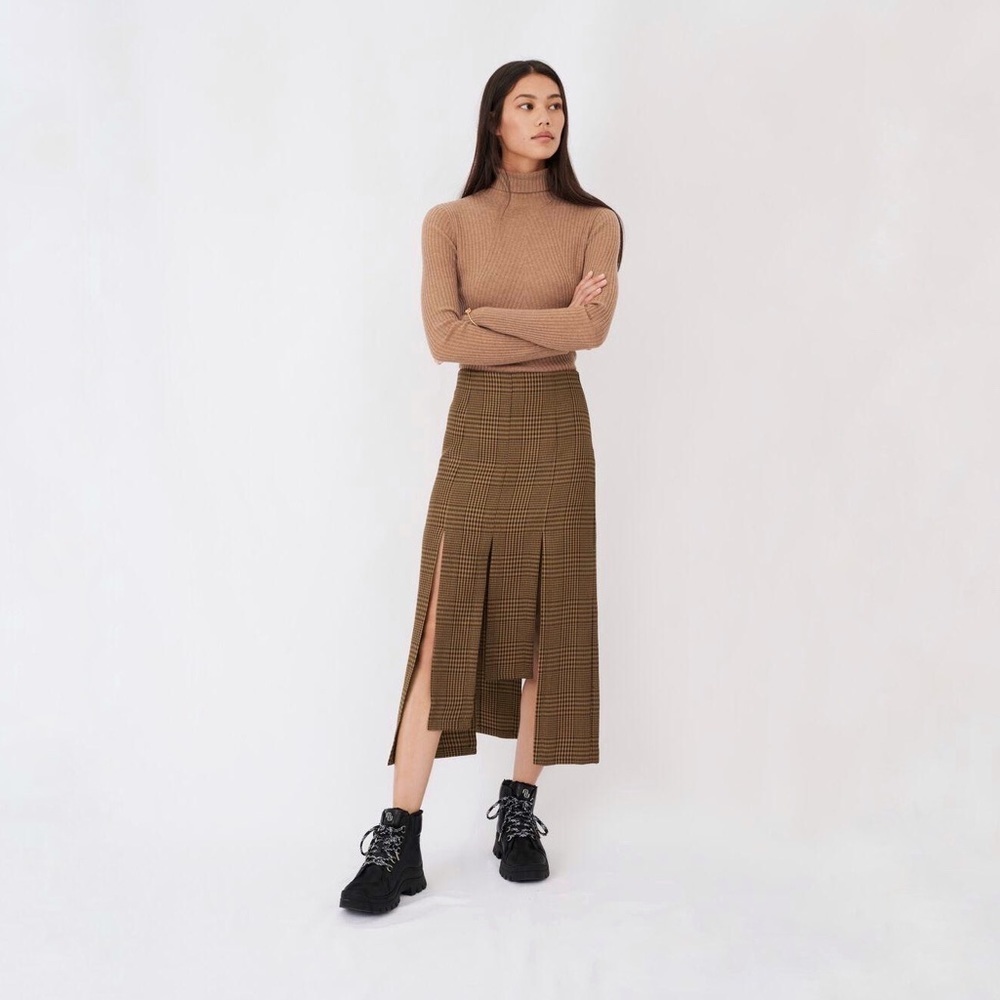 NWT Maje Asymmetric Skirt With Flaps And Checks In Brown